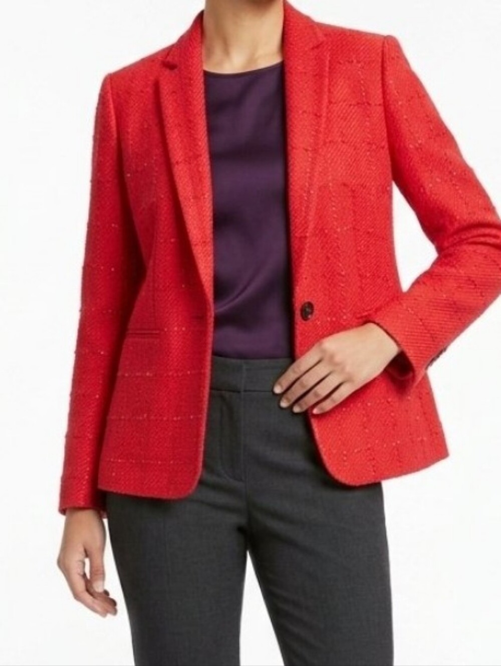 Ann Taylor Women's Tweed Blazer Coral Pink Orange Plaid One Button Sz 2